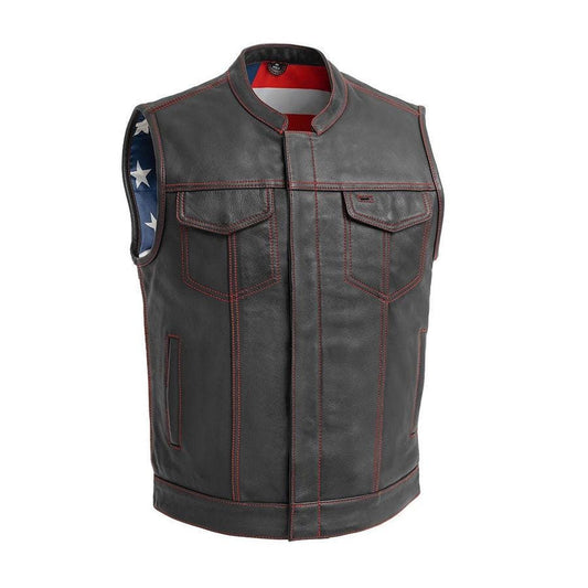 Born Free Men's Motorcycle Leather Vest with Red Stitch & American Flag Liner