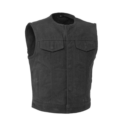 Lowside - Waxed Men's Motorcycle Canvas Vest Men Hunt Club Canvas Vest Black Leather Rider Canvas Biker Vest