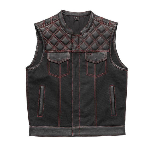 Hunt Club Motorcycle Leather Canvas Vest Black/Red Men Hunt Club Canvas Vest Black Leather Rider Canvas Biker Vest