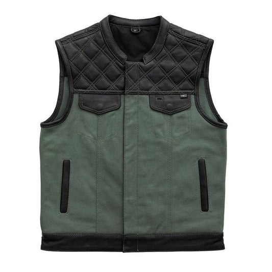 Hunt Club Motorcycle Leather Canvas Vest Green Grey Black Men Hunt Club Canvas Vest Black Leather Rider Canvas Biker Vest