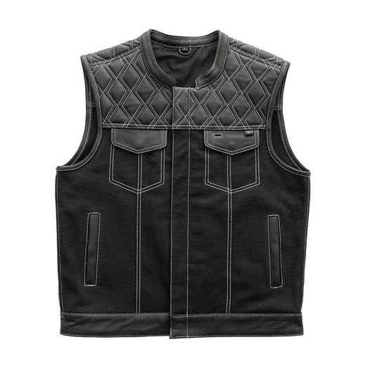 Hunt Club Motorcycle Leather Canvas Vest White Stitch Blue Men Hunt Club Canvas Vest Black Leather Rider Canvas Biker Vest