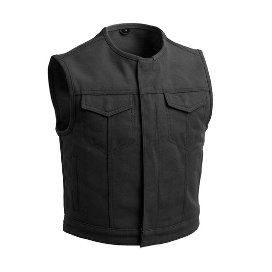 Lowside Black Men's Motorcycle Canvas Vest Men Hunt Club Canvas Vest Black Leather Rider Canvas Biker Vest