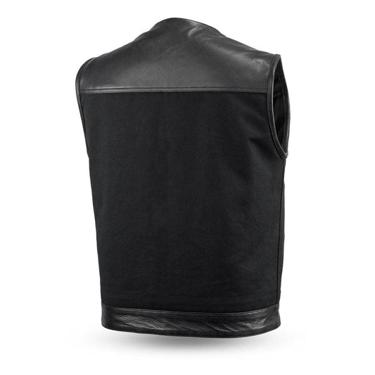 49/51 - No Collar Men's Leather/Canvas Motorcycle Vest Hunt Club Canvas Vest Black Leather Rider Canvas Biker Vest