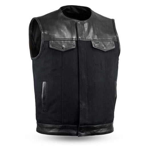 49/51 - No Collar Men's Leather/Canvas Motorcycle Vest Hunt Club Canvas Vest Black Leather Rider Canvas Biker Vest