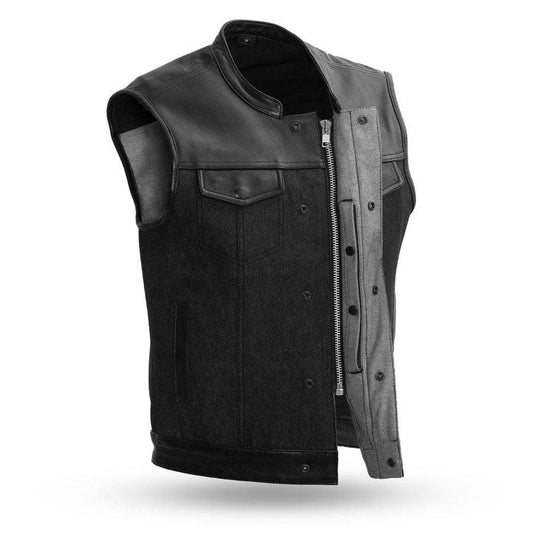 49/51 - Men's Motorcycle Denim/Leather Vest Men Hunt Club Demin/Twill Vest Black Leather Rider Denim Biker Vest Twill Motorcycle Vest