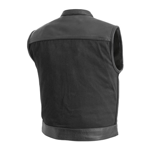 Lowrider - Men's Motorcycle Leather/Twill Vest Men Hunt Club Demin/Twill Vest Black Leather Rider Denim Biker Vest Twill Motorcycle Vest