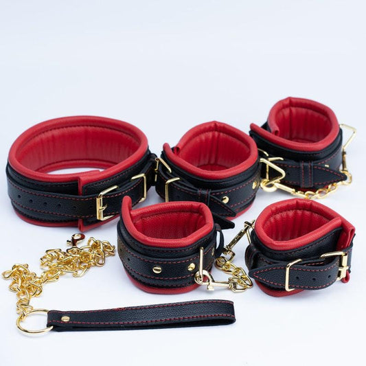 Luxury Red Black Restraints kit, black set with red, Leather Restraints, handcuffs, ankle cuffs, collar and leash red black, gold hardware