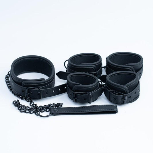 FULL Black bondage kit, premium Leather Restraints set, luxury black gear set, handcuffs, ankle cuffs, collar and leash