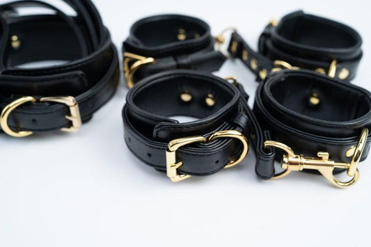 premium Black set, bondage kit, Leather Restraints set, handcuffs, ankle cuffs, collar and leash, gold hardware