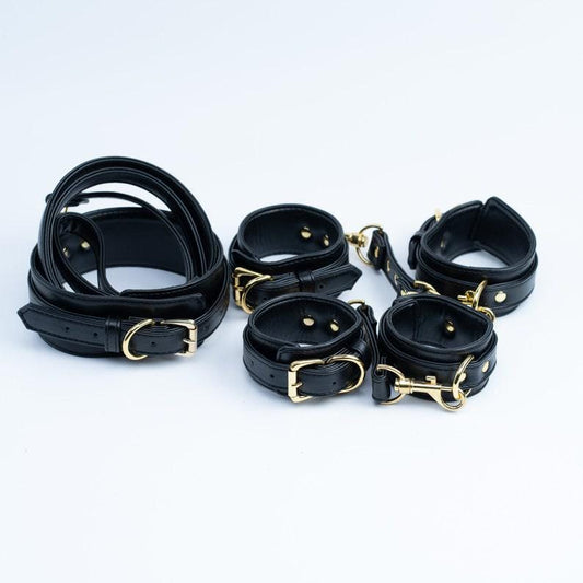 premium Black set, bondage kit, Leather Restraints set, handcuffs, ankle cuffs, collar and leash, gold hardware