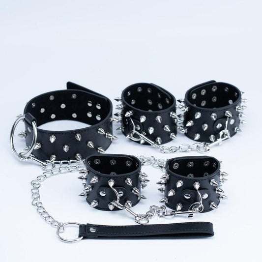 Spiked restraints set, bondage kit, Leather Restraints set, handcuffs, ankle cuffs, collar and leash, restraints set with thorns BDSM Set