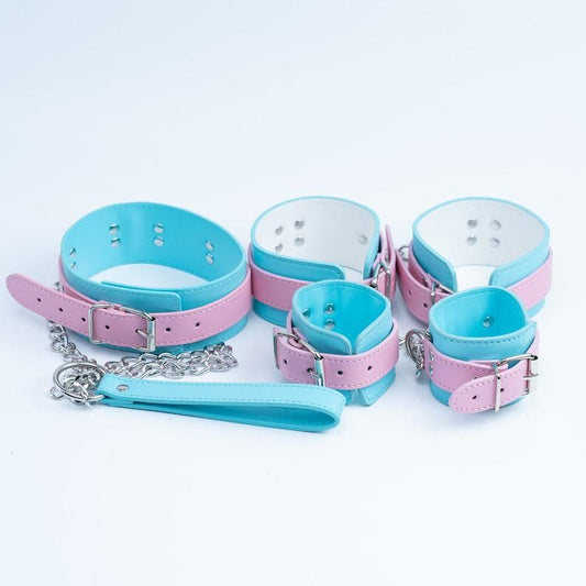 Mint pink bondage kit, Turquoise pink restraints set, Turquoise Leather Restraints set, handcuffs, ankle cuffs, collar and leash