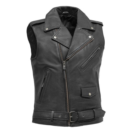 Rockin - Men's Motorcycle Leather Vest Men Hunt Club Leather Vest Black Leather Rider Leather Bike Vest