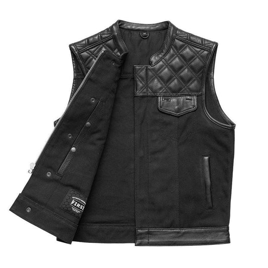 Hunt Club Motorcycle Leather Canvas Vest Black Men Hunt Club Canvas Vest Black Leather Rider Canvas Biker Vest