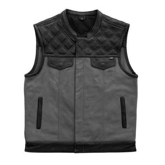 Hunt Club Motorcycle Leather Canvas Vest Grey Black Men Hunt Club Canvas Vest Black Leather Rider Canvas Biker Vest