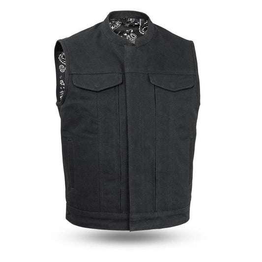 Highland V2 Men's Motorcycle Canvas Vest Men Hunt Club Canvas Vest Black Leather Rider Canvas Biker Vest