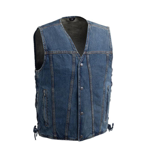 Gambler - Men's Motorcycle Denim Vest Men Hunt Club Demin/Twill Vest Black Leather Rider Denim Biker Vest Twill Motorcycle Vest