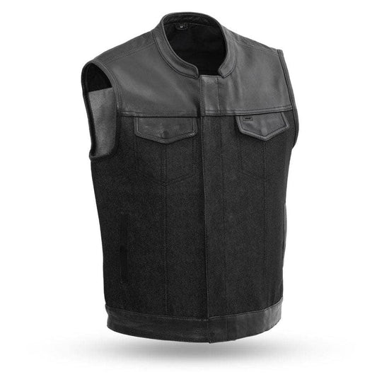 49/51 - Men's Motorcycle Denim/Leather Vest Men Hunt Club Demin/Twill Vest Black Leather Rider Denim Biker Vest Twill Motorcycle Vest