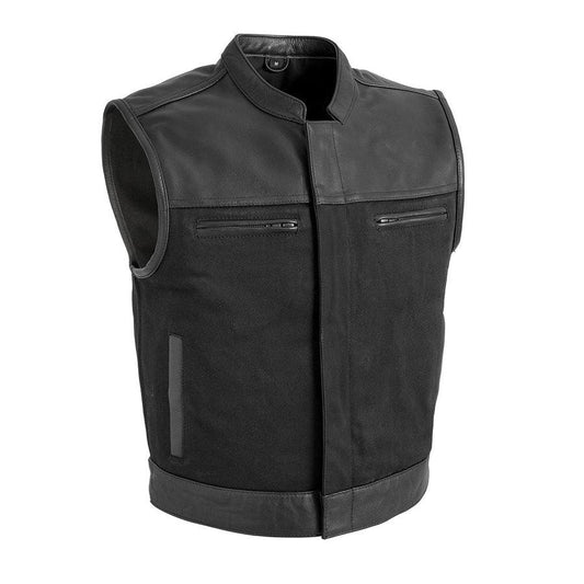 Lowrider - Men's Motorcycle Leather/Twill Vest Men Hunt Club Demin/Twill Vest Black Leather Rider Denim Biker Vest Twill Motorcycle Vest