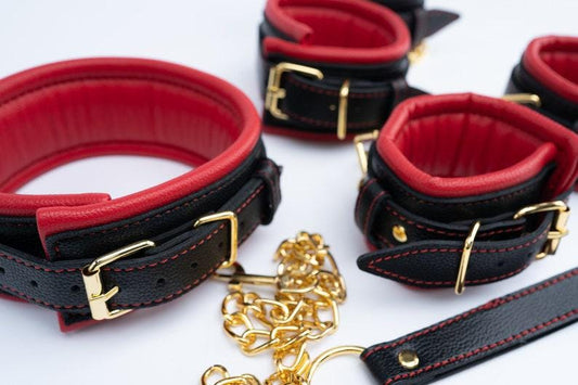 Luxury Red Black Restraints kit, black set with red, Leather Restraints, handcuffs, ankle cuffs, collar and leash red black, gold hardware