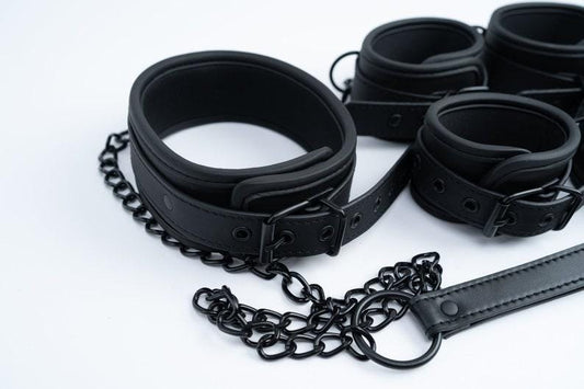 FULL Black bondage kit, premium Leather Restraints set, luxury black gear set, handcuffs, ankle cuffs, collar and leash