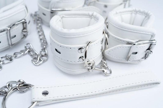 Premium White bondage kit, Leather Restraints set, handcuffs, ankle cuffs, collar and leash BDSM Gifts for Couples BDSM Restraints Set