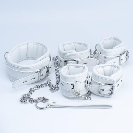 Premium White bondage kit, Leather Restraints set, handcuffs, ankle cuffs, collar and leash BDSM Gifts for Couples BDSM Restraints Set