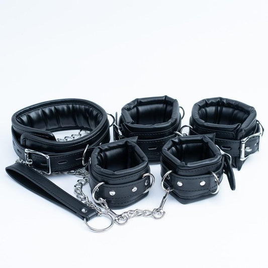 premium Black set, luxury bondage kit, Leather Restraints set, handcuffs, ankle cuffs, collar and leash, silver hardware