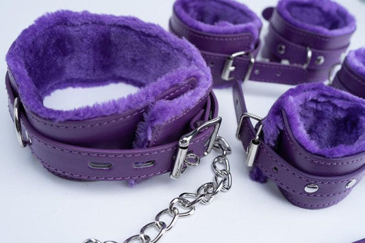 Purple restraints set with Plush, Plush bondage kit, Leather Restraints set, handcuffs, ankle cuffs, collar and leash, plush collar