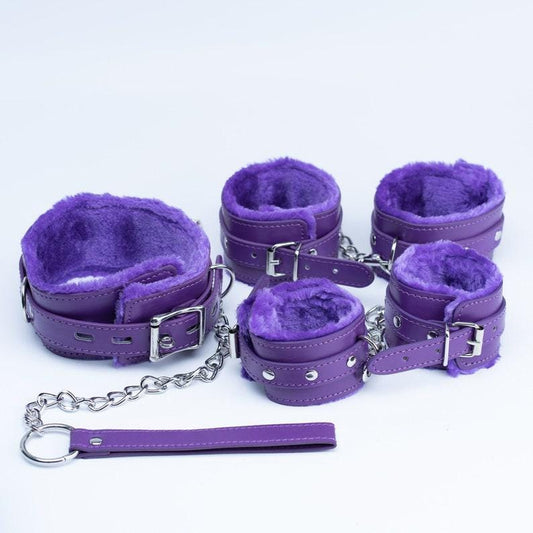 Purple restraints set with Plush, Plush bondage kit, Leather Restraints set, handcuffs, ankle cuffs, collar and leash, plush collar