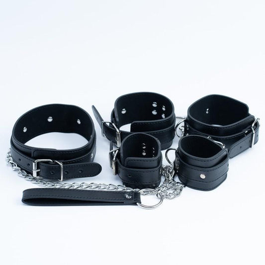 Black bondage kit, Leather Restraints set, luxury black gear set, handcuffs, ankle cuffs, collar and leash BDSM Restraints Leather Bondage