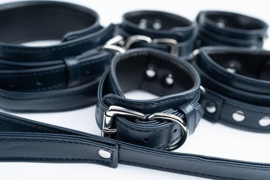 premium Navy blue set, bondage kit, Leather Restraints set, handcuffs, ankle cuffs, collar and leash BDSM Restraints Set Leather Bondage Kit