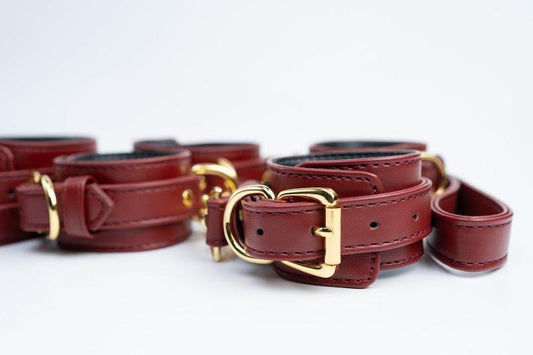 Burgundy Leather BDSM Restraints Set Genuine Leather Bondage Kit Handcuffs Ankle Cuffs Collar  Leash Leather BDSM Gifts for Couples