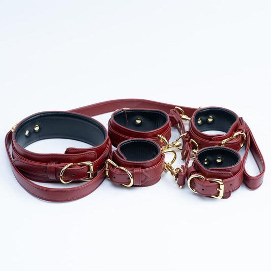 Burgundy Leather BDSM Restraints Set Genuine Leather Bondage Kit Handcuffs Ankle Cuffs Collar  Leash Leather BDSM Gifts for Couples