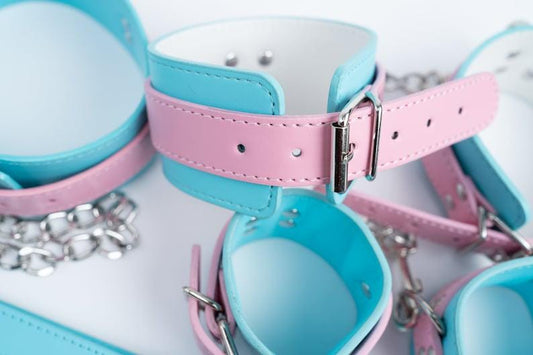 Mint pink bondage kit, Turquoise pink restraints set, Turquoise Leather Restraints set, handcuffs, ankle cuffs, collar and leash