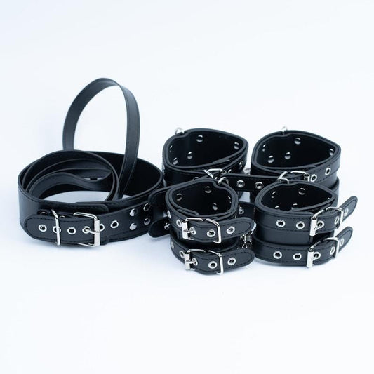 Black double strap bondage kit, Leather Restraints set, luxury black gear set, handcuffs, ankle cuffs, collar and leash