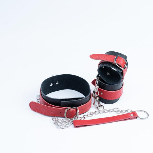 Black red bondage kit, Genuine Leather Restraints set, handcuffs, ankle cuffs, collar and leash BDSM Gifts for Couples BDSM Restraints Set